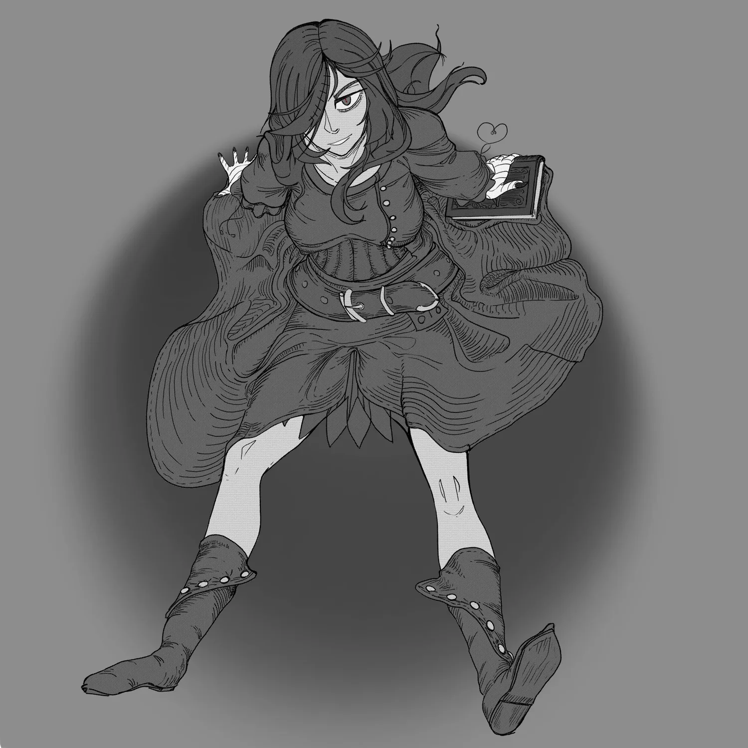 An ink drawing of a wild-haired woman with one red eye, seated in a dynamic sprawl, a small clasped grimoire floating at her side.