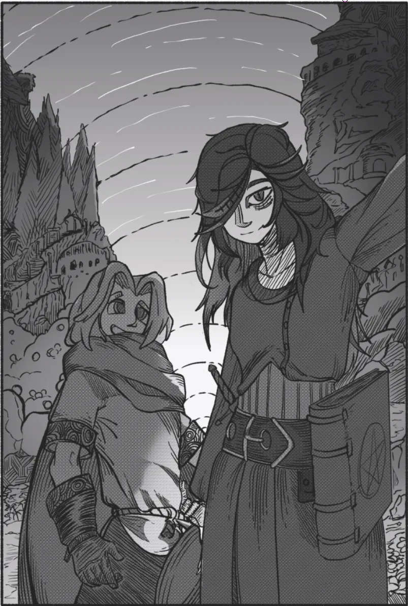 Two figures stand close together at dusk before a distant walled town; the taller carries a grimoire marked with a pentagram at the belt.