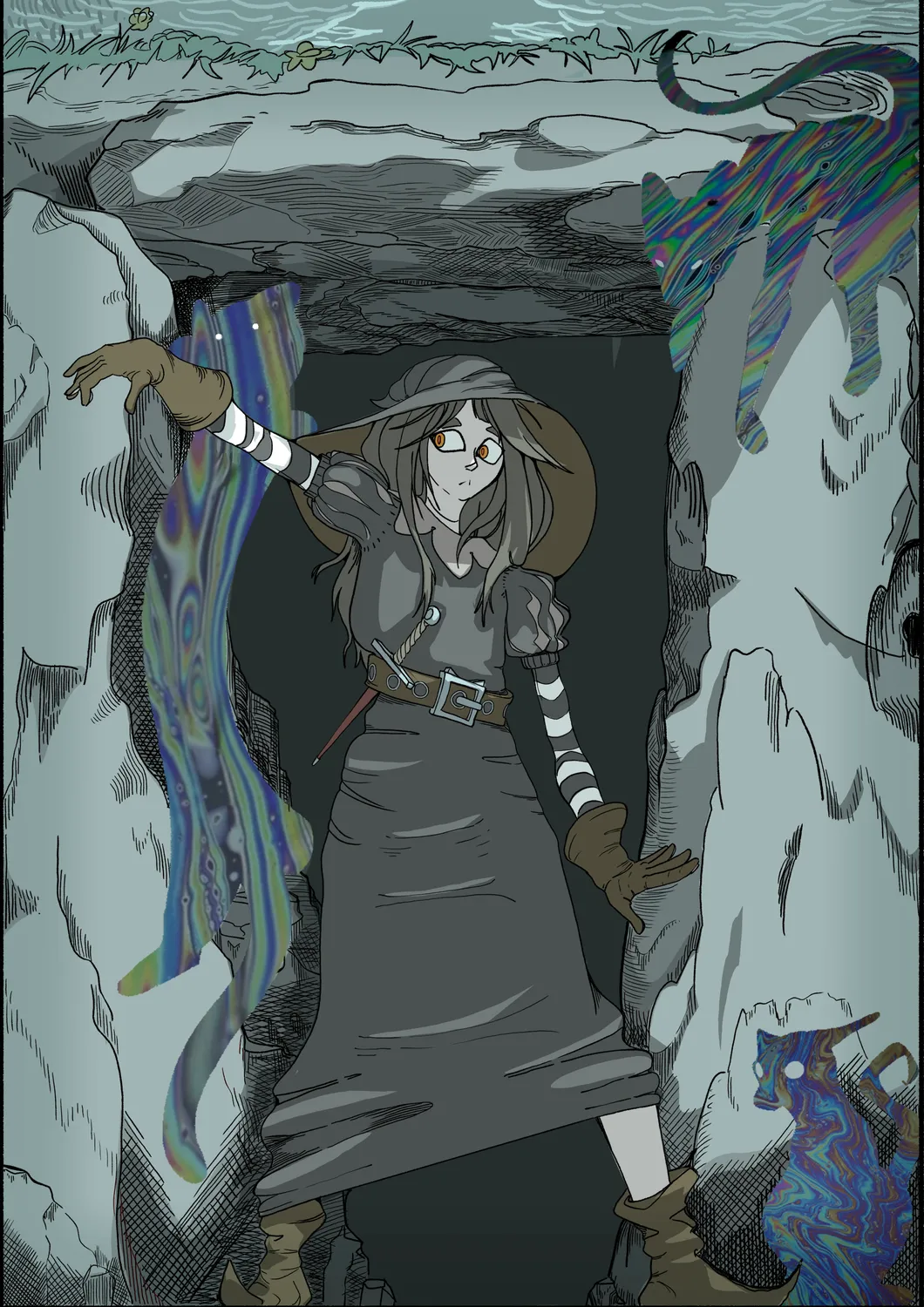 A pale, hooded witch with amber eyes stands in a rocky hollow, one gloved hand raised; iridescent oil-slick creatures coil among the stones around her.