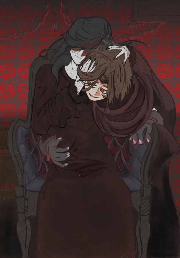 Two smiling, unsettling figures entwined on an armchair against blood-red rose wallpaper, their pale hands clasped.