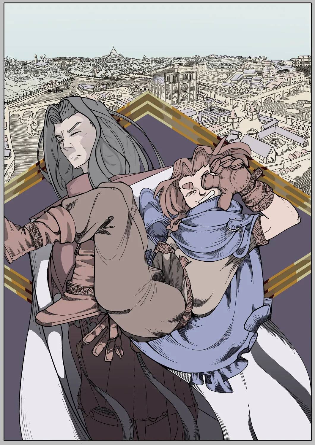 A long-haired grey figure carries a sleeping young person in their arms, high above a sprawling medieval city crowned by a great cathedral.